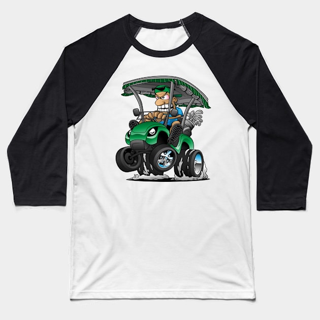 Funny Golf Cart Hotrod Golf Car Popping a Wheelie Cartoon Baseball T-Shirt by hobrath